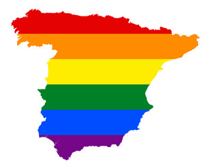 Fototapeta premium LGBT flag map of the Spain. PNG rainbow map of the Spain in colors of LGBT (lesbian, gay, bisexual, and transgender) pride flag.
