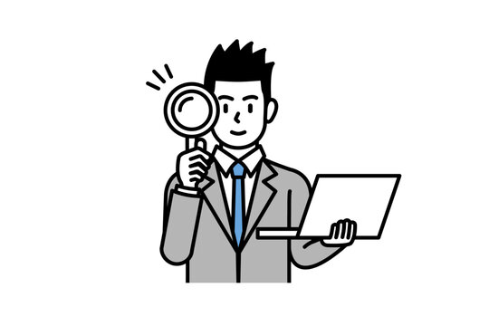 A cartoon stock illustration depicting a business man holding a laptop and a magnifying glass. Illustration about stocks, finance, business, education, etc.