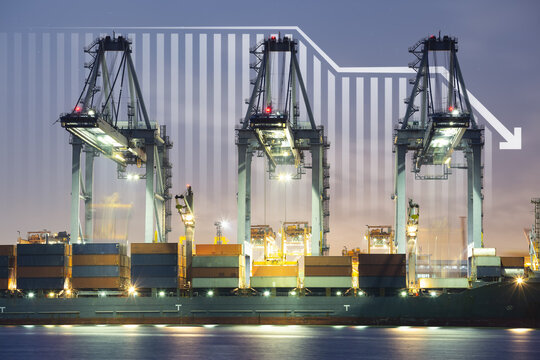 Cargo ship, cargo container work with crane at dock, port or harbour. Freight transport with drop arrow, decrease graph or bar chart. Concept for business, import export, market, trade, demand, supply