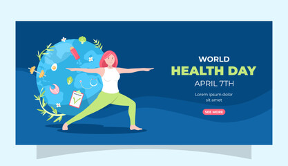 Banner del día mundial de la salud con mujer haciendo ejercicio, planeta y objetos relacionados con la salud © Puchalt