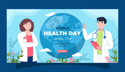 Banner del día mundial de la salud con doctor hombre y doctora mujer © Puchalt