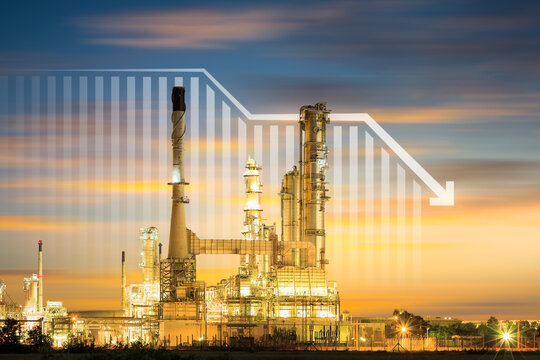 Oil gas refinery or petrochemical plant. Include arrow, graph or bar chart. Decrease trend or low of production, market price, demand, supply. Concept of business, industry, fuel, power energy.
