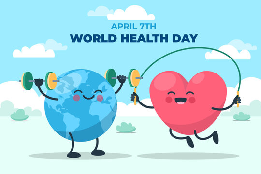 Ilustraci&oacute;n del d&iacute;a mundial de la salud con planeta y coraz&oacute;n haciendo ejercicio