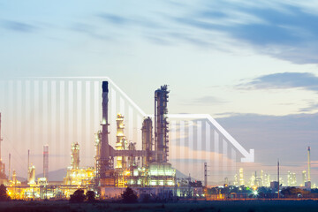 Oil gas refinery or petrochemical plant. Include arrow, graph or bar chart. Decrease trend or low of production, market price, demand, supply. Concept of business, industry, fuel, power energy.
