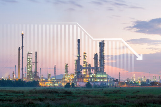 Oil gas refinery or petrochemical plant. Include arrow, graph or bar chart. Decrease trend or low of production, market price, demand, supply. Concept of business, industry, fuel, power energy.
