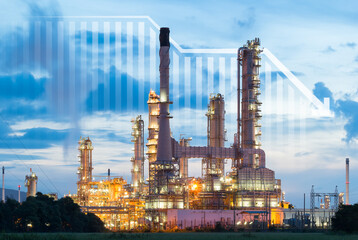 Oil gas refinery or petrochemical plant. Include arrow, graph or bar chart. Decrease trend or low...