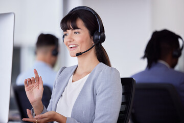 Telemarketing, smile or woman communication with microphone for customer support, consulting or...