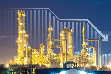 Oil gas refinery or petrochemical plant. Include arrow, graph or bar chart. Decrease trend or low...