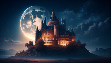 Dark castle in fantasy style. Moon and space. AI generative content