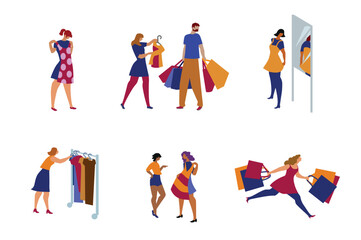 People shopping, vector illustration of People in clothing store bei try-on. Characters set. Clip art, colours.
