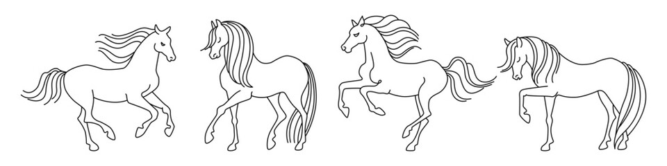 Fototapeta na wymiar set of linear drawings of horses