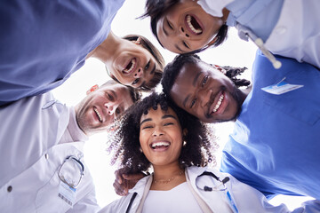 Doctor, group portrait and below circle for motivation, support and collaboration with smile,...