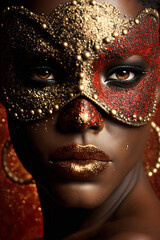 Sexy black woman wearing a carnival mask, red and golden color, generative ai