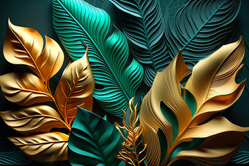 Fototapety  Leaves background. 3d mural floral wallpaper. golden and green f leaves, Generative AI