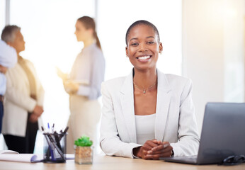 Office laptop, happy portrait and black woman review finance portfolio, stock market database or...