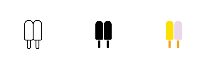 Icon of ice cream on a stick. Sweets, frozen juice, icing, dairy products. Vector set of icons in line, black and colorful styles isolated on white background.