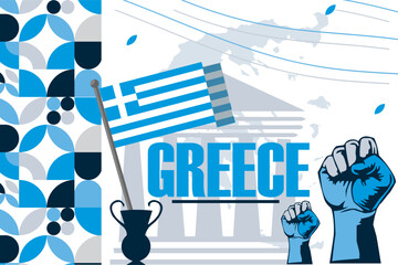 greece independence day banner with greek flag colors theme background and geometric abstract retro modern design. Multiple landscapes of greece, celebration of independence day.