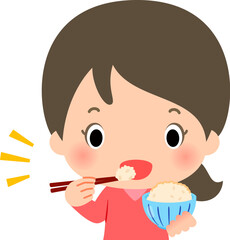 ご飯茶碗に盛った玄米ご飯を食べる女性