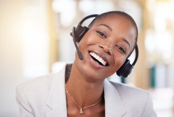 Customer support consultant, face portrait and happy woman telemarketing on contact us CRM or...