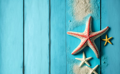 Fototapeta na wymiar Starfish old weathered blue beach wood deck background, Generative AI