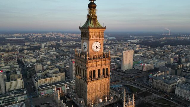 Aerial view of the spire of Palace of Culture and Science, Warsaw, Poland