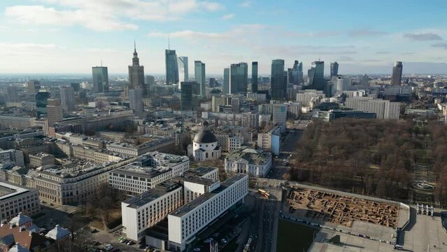 Drone shot of skyscrapers and Warsaw city center, capital of Poland