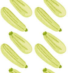 Whole zucchini of different sizes green. Seamless pattern in vector. Isolated figures. Transparent background. Suitable for print and background.