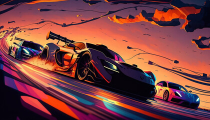 Cars Racing at Dusk - Exciting Gaming Illustration, generative ai - obrazy, fototapety, plakaty