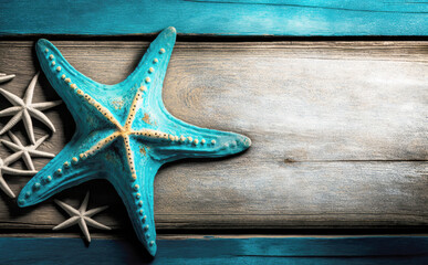 Starfish old weathered blue beach wood deck background, Generative AI