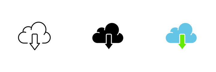 Cloud icon with down arrow. Downloading files from cloud storage. Vector set of icons in line, black and colorful styles isolated on white background.
