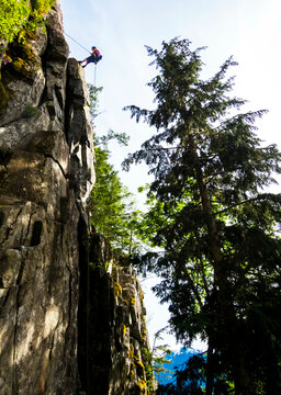 The way down never seems as scary as the way up. Jen McGoldrick rappels off a route that was frightening on the way up.