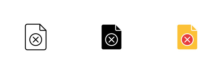 Obraz premium File icon with a cross. Blocked information, ban, text did not pass the uniqueness check. Vector set of icons in line, black and colorful styles isolated on white background.