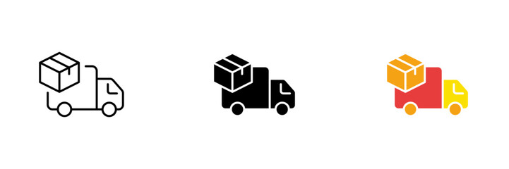 Delivery van icon with box. Home delivery, intercontinental transport. Vector set of icons in line, black and colorful styles isolated on white background. - obrazy, fototapety, plakaty