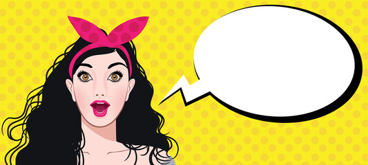 Pop art surprised female face. Comic woman young in glasses with! speech  
illustration vector.