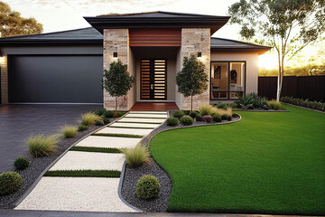 A contemporary Australian home or residential buildings front yard features artificial grass lawn turf with timber edging - obrazy, fototapety, plakaty