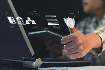 Cyber Security Internet and ​​Networking Concepts. businessman hand touch on screen icon and...