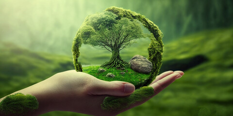 grüne Hand hält Kugel mit Baum, Naturschutz, generative AI