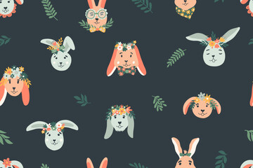 Easter seamless pattern with bunny, flowers and branches. .Funny childrens rabbits for Easter decoration on dark background. Hand drawn vector Illustration for banner, fabric, wrapping, textile, print