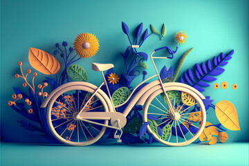 3d bicycle, illustration with big botanical elements, generative ai