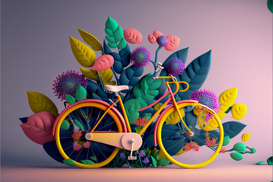 3d bicycle, illustration with big botanical elements, generative ai