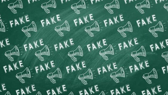 Pattern from megaphone icons and lettering FAKE drawn in chalk on a greenboard. Concept of announce, media, information and disinformation. Fake news. Seamless loop video.