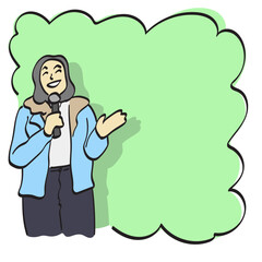 woman speaking through microphone presenting green blank space illustration vector hand drawn isolated on white background line art.