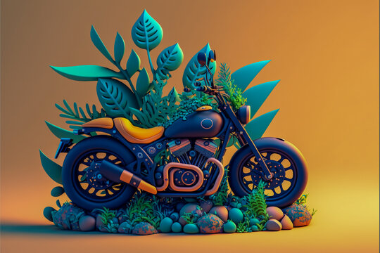 3d motorcycle with botanical element, photo realistic generative ai background