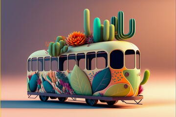3d tram with botanical element, generative ai background