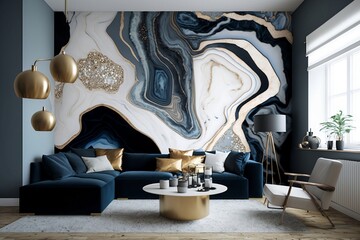 Interior Design Living Room (Relaxing and Rich; Black, Gold, White, Gray, Blue Decor)