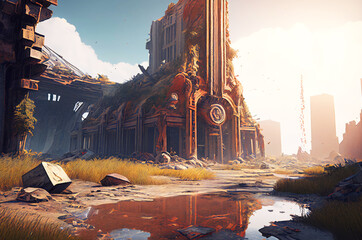 post-apocalyptic scenery with destroyed building structures, generative ai illustration