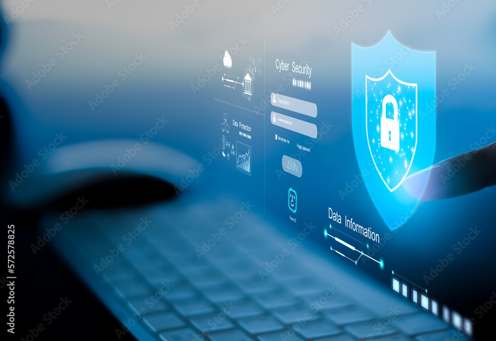 Poster young businesswoman is using laptop for cyber security protection.cyber security concept, user priva