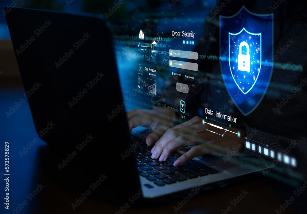 Poster young businesswoman is using laptop for cyber security protection.cyber security concept, user priva
