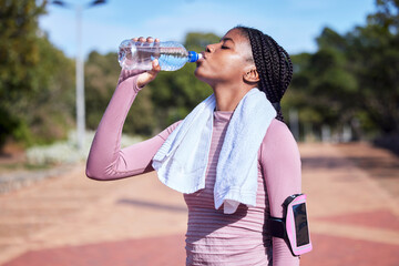 Fitness, black woman and drinking water for hydration, training and exercise for wellness, healthy...