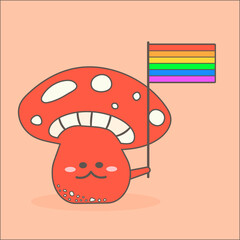 Sticker, button, banner with mushroom with cute funny face, holding lgbt flag in hippie style